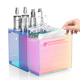 TAINESS rainbow disposable towels box front view; clear acrylic with rainbow accents for vanity organization.