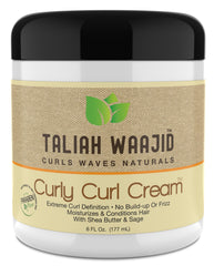 Etiqueta de Taliah Waajid Curly Curl Cream, muestra ingredientes naturales para rizos saludables.