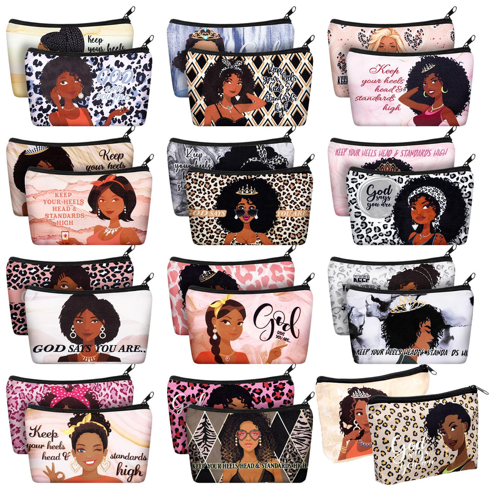 Talltalk canvas makeup bag with black women pattern for travel organization.
