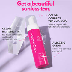 Tanceuticals CC Self Tanning Mousse foam being applied for even, streak-free tan