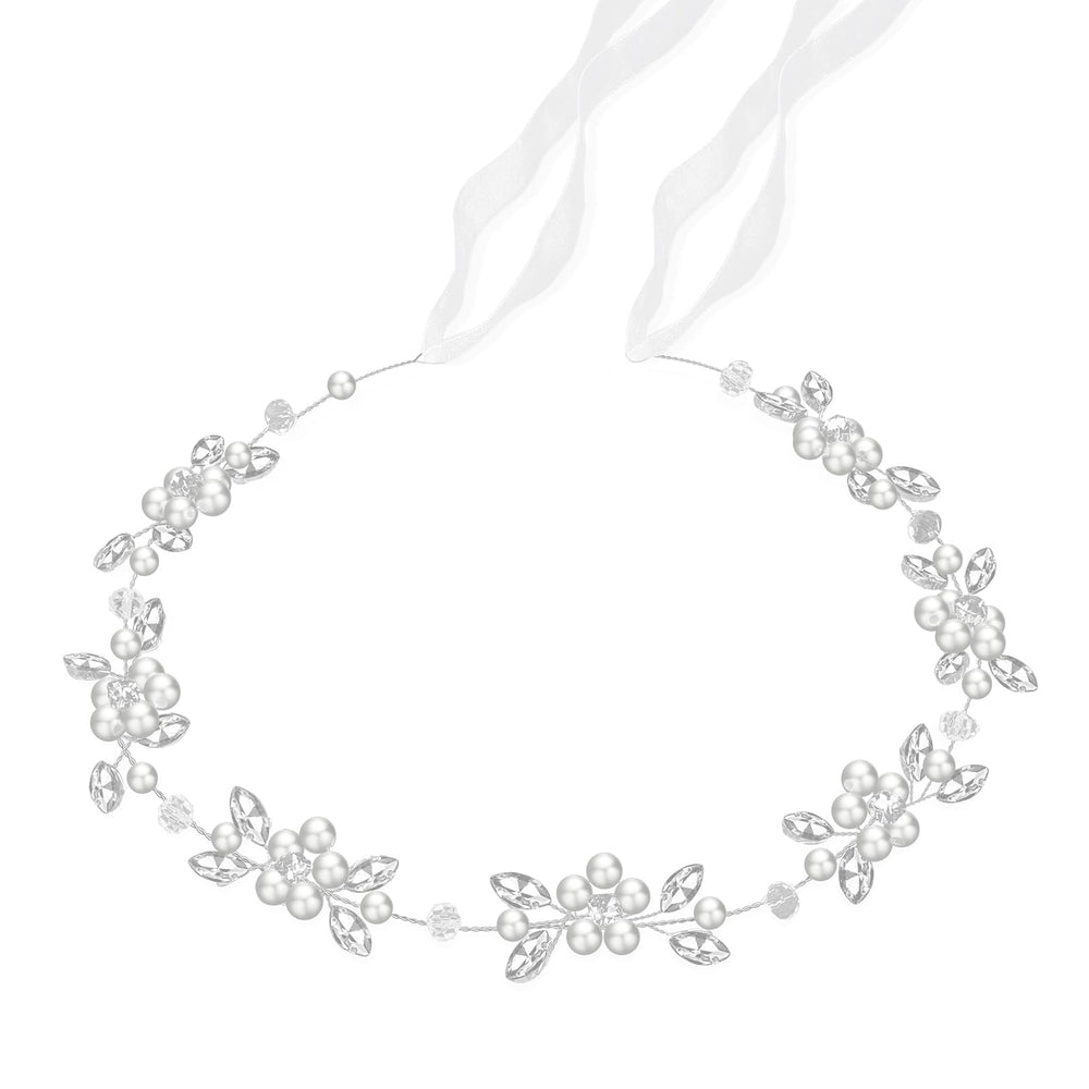 Tanfeine flower headpiece with pearls and diamonds adds elegant sparkle for weddings