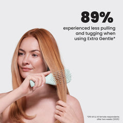 Tangle Teezer Extra Gentle Detangler close-up shows central bristle concentration reducing tension.