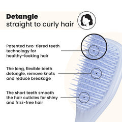 Tangle Teezer travel mini brush with soft teeth for gentle knot removal.