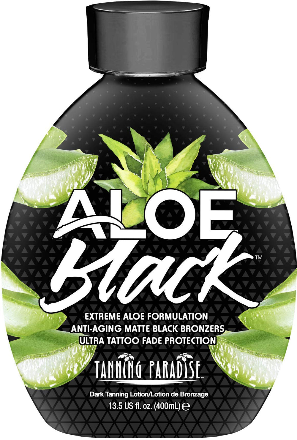 Tanning Paradise Aloe Black Lotion bottle emphasizes deep hydration and a matte finish.