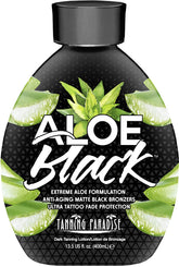 Tanning Paradise Aloe Black Lotion bottle emphasizes deep hydration and a matte finish.