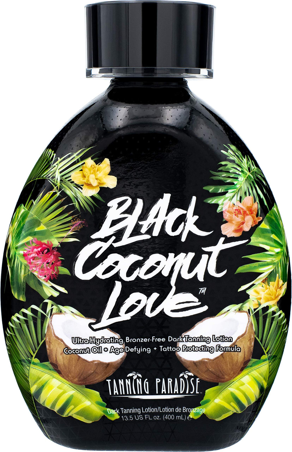 Tanning Paradise Black Coconut Love bottle front for ultra-hydration and tan enhancement.