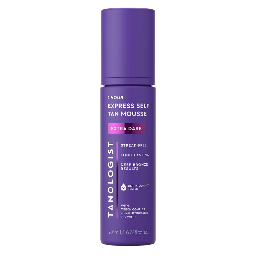Tanologist Express Self-Tan Mousse bottle demonstrates transfer-free, even tan.