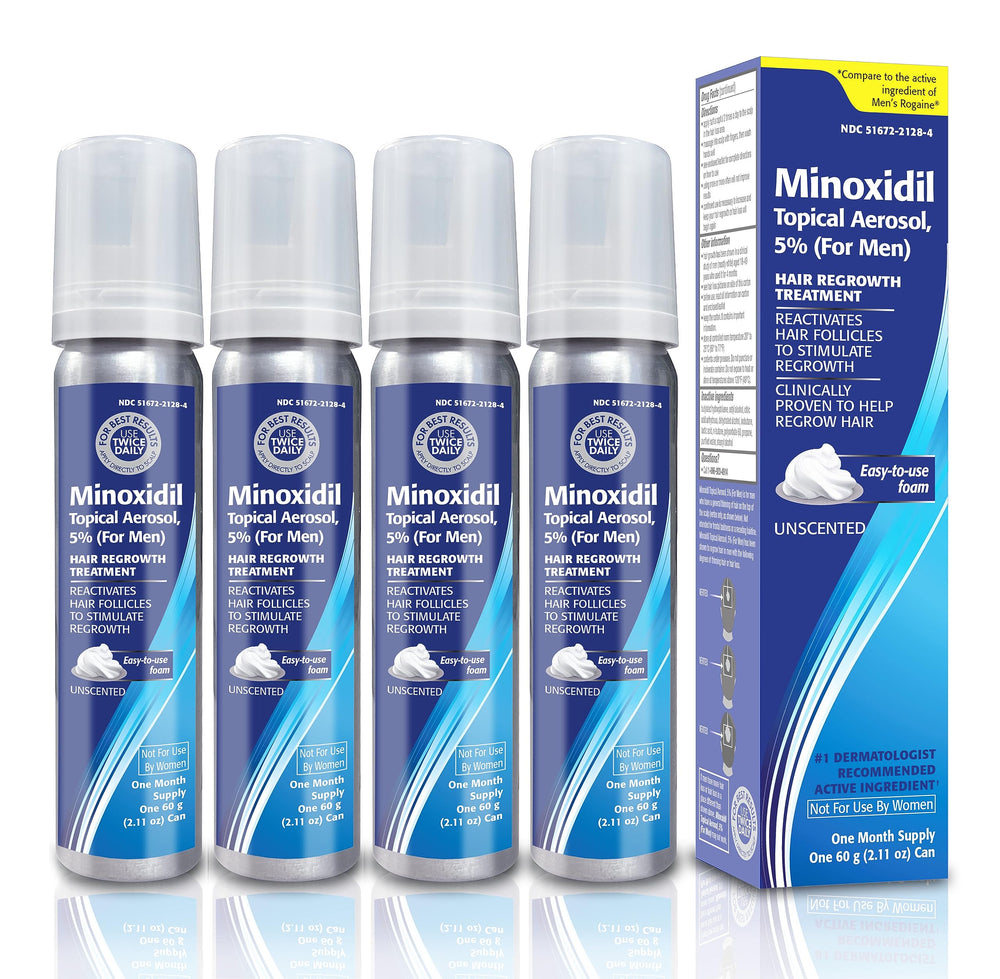 TARO Minoxidil foam bottle closeup, smooth, easy-to-apply 5% formula for men