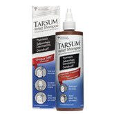 Tarsum Extra Strength Shampoo label on bottle highlights coal tar formula for scalp care.