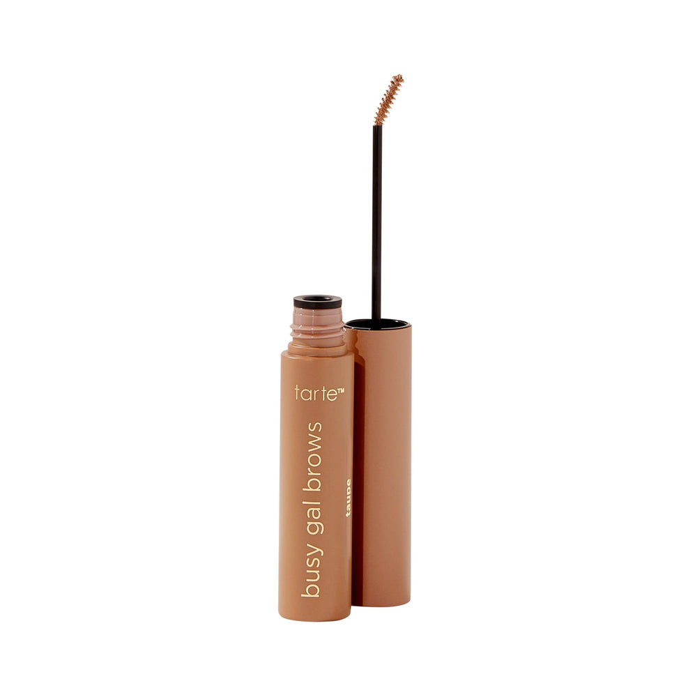tarte Busy Gal brow gel packaging close-up, taupe shade, longwear for busy mornings.