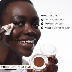 Tarte Creaseless Setting Powder packaging close up emphasizing lightweight formula.