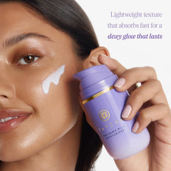 TATCHA Dewy Milk Moisturizer mini jar shows oil-balancing, non-greasy feel