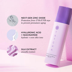 TATCHA Silk Sunscreen sheer radiant finish helps even skin tone.