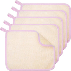 Tatuo exfoliating cloths dual-texture for face and body with pink edge for gentle exfoliation.