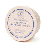 Taylor of Old Bond Street Lavender Shaving Cream in a bowl, ready for a rich lather.