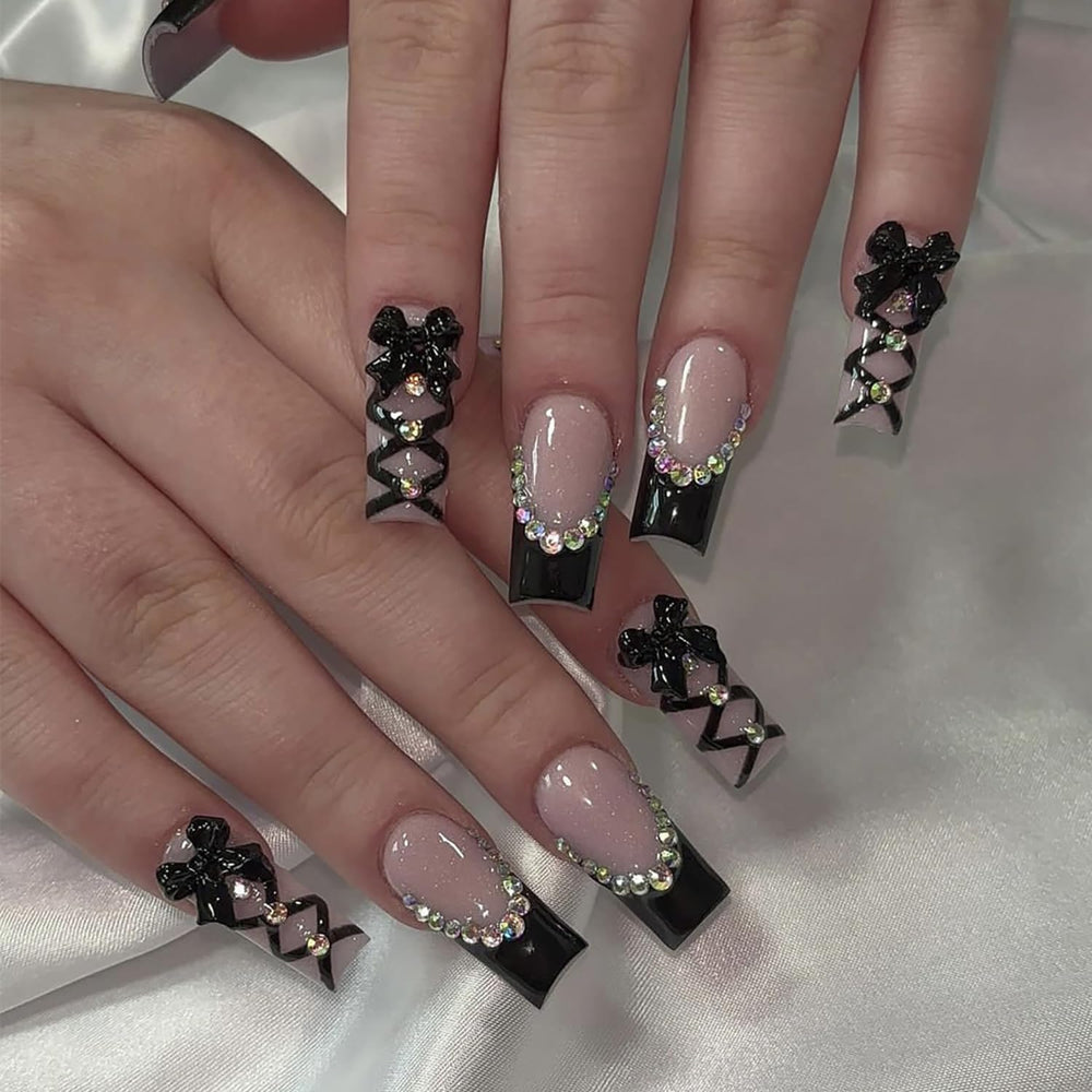 TBRZTR 24Pcs black French press nails package for at-home manicure