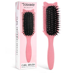 Tcsxady Curly Hair Brush with cat-ear pink front view for smooth detangling.