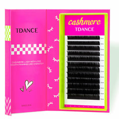 TDANCE cashmere lashes tray showing ultra-soft fibers for fluffy, natural-looking sets.