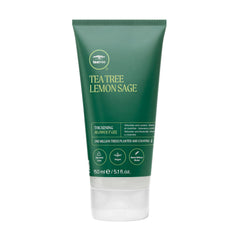 Tea Tree Lemon Sage, botella vertida, facilita aplicación suave y perfumada para cabello fino.
