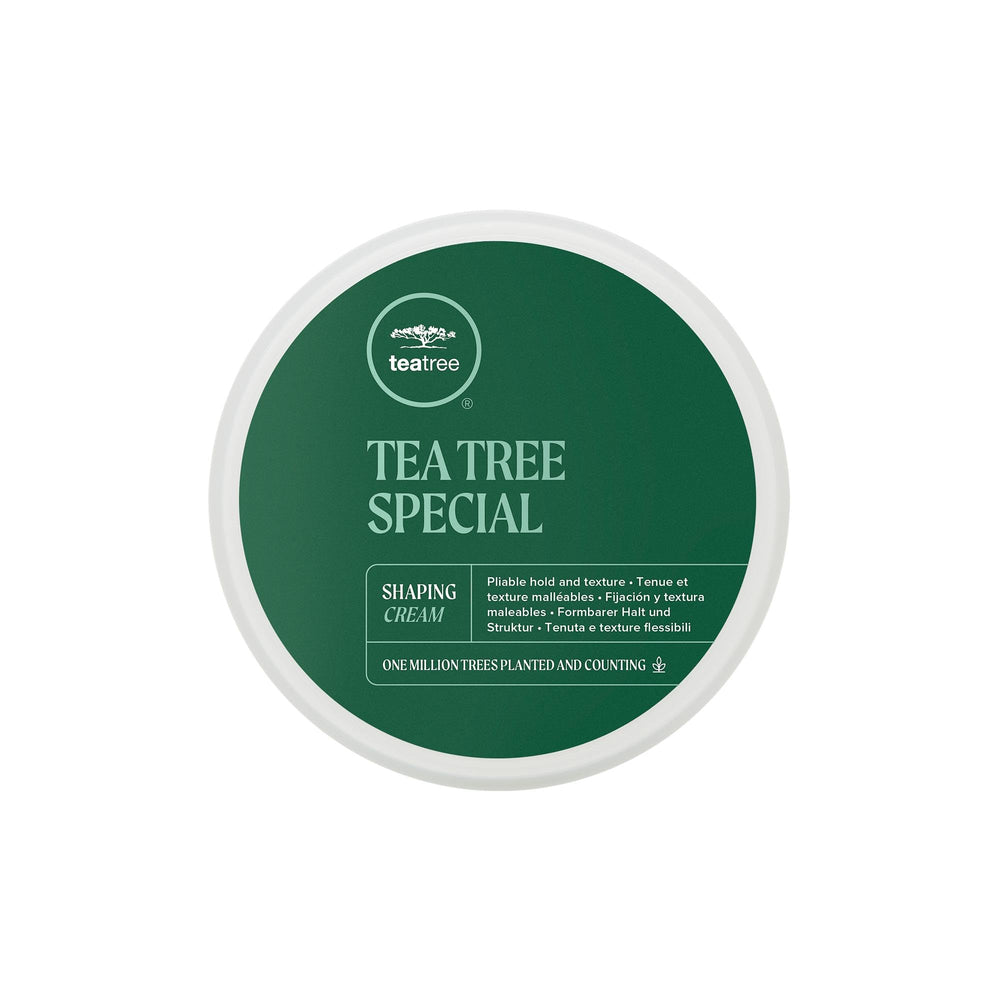 Tea Tree Shaping Cream bottle close-up showing long-lasting hold