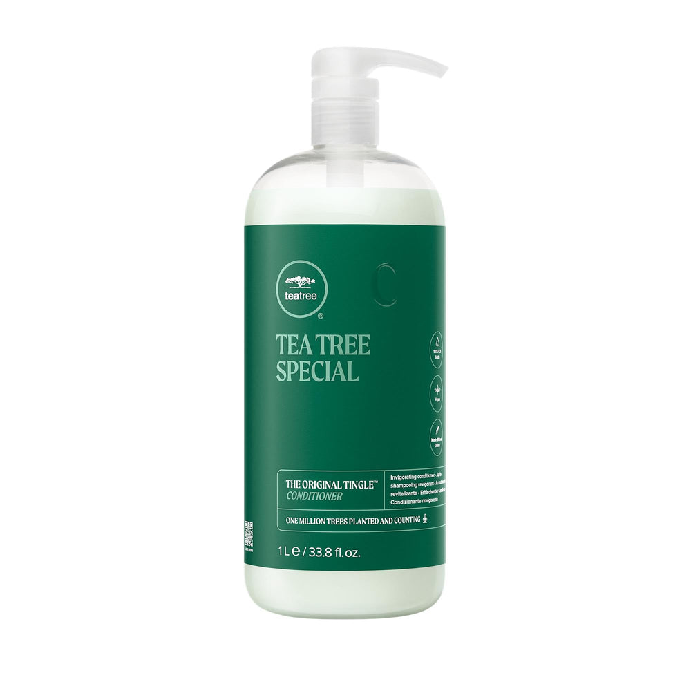 Tea Tree Special Conditioner bottle front showing all hair types suitability and refreshing tingle