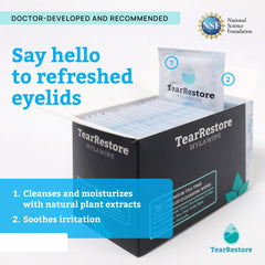 TearRestore Árbol de Té HylaWipe: toallitas de textura suave para higiene de párpados.