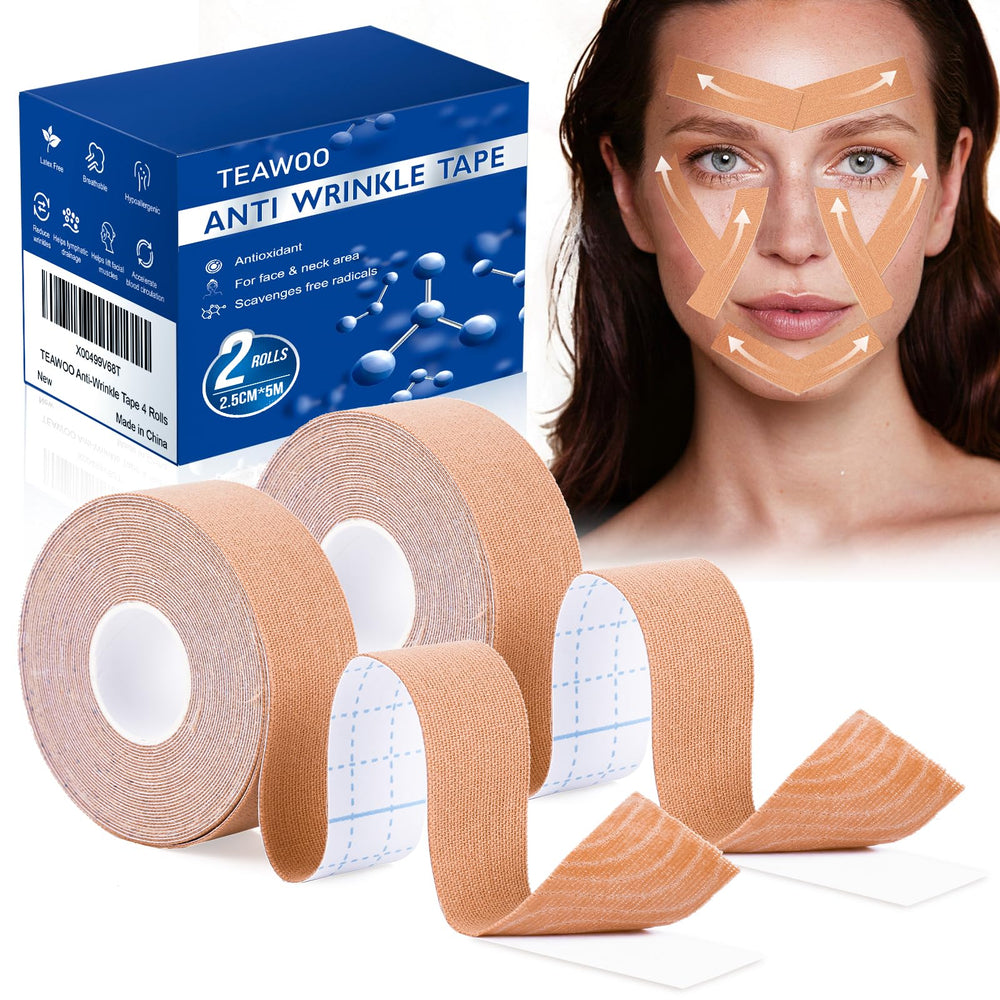 TEAWOO anti-wrinkle face tape around the forehead for a smoother look.