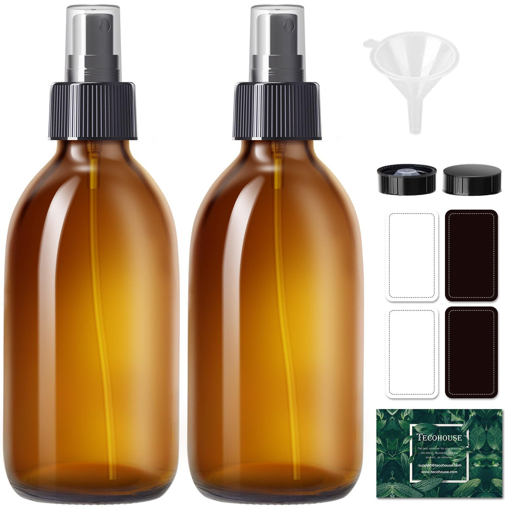 Tecohouse amber glass spray bottle with 8.8 oz capacity and UV protection for oils.