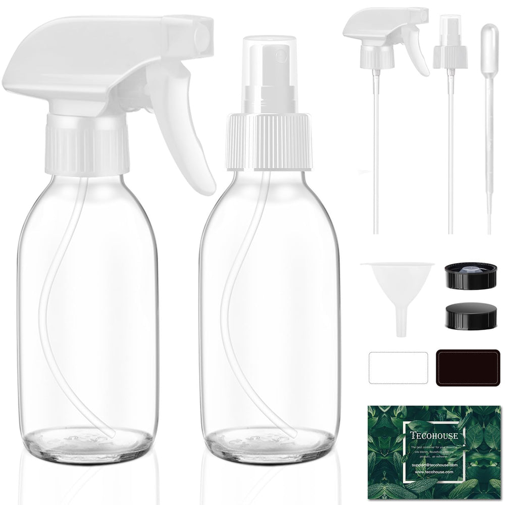 Tecohouse glass spray bottle 4oz clear for essential oils, reusable and leak-free.