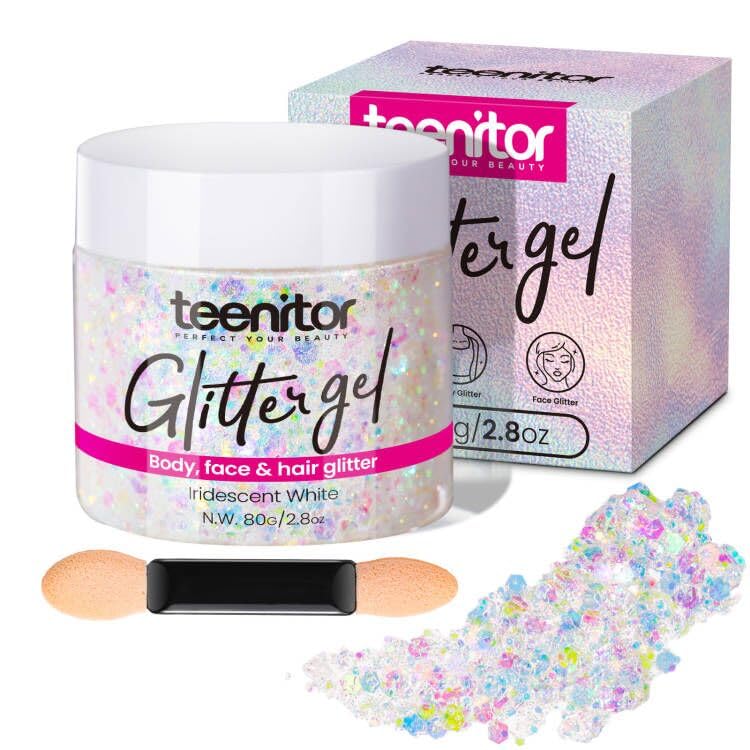 Teenitor body glitter bottle dispense shows easy application and quick drying.