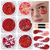 Teenitor red face glitter gel with six shapes for festival looks.