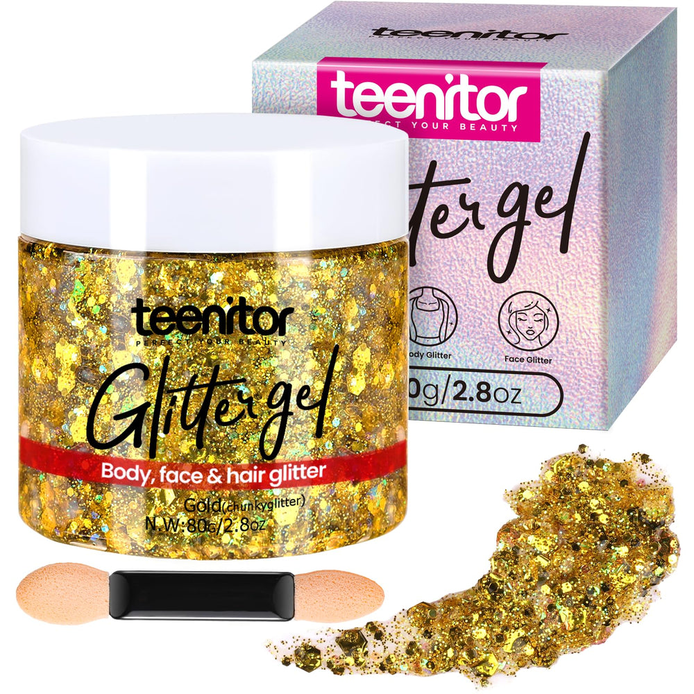 Teenitor gold body glitter gel jar adds festive sparkle to skin.