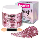 Teenitor pink body glitter gel bottle front, ready for a shimmering festival look.