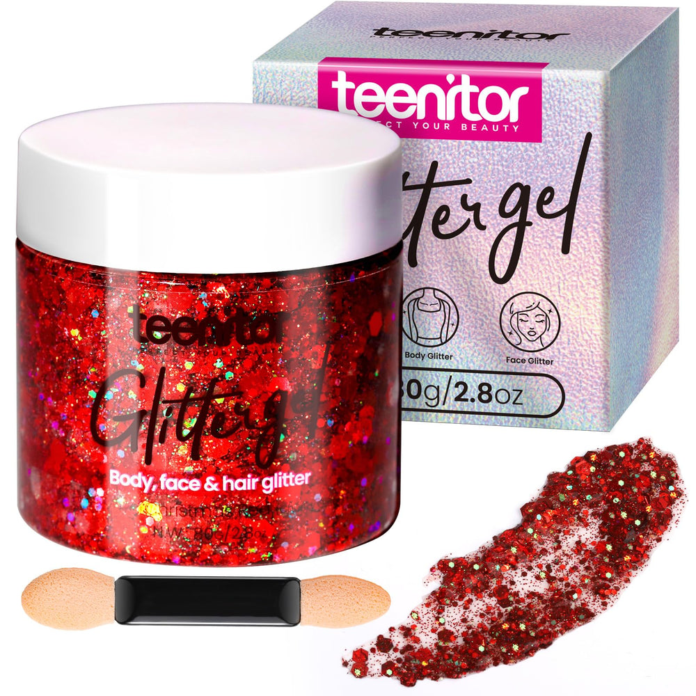 Teenitor red glitter gel on the face for festive shimmer