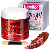 Teenitor red glitter gel on the face for festive shimmer