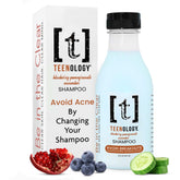 Teenology Teen Shampoo bottle with blueberry-pomegranate scent promotes clear skin and healthy hair.