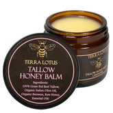 Terra Lotus honey tallow balm jar shows creamy texture for skin hydration
