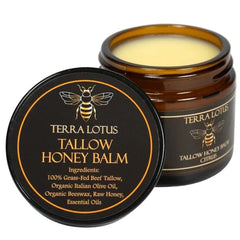 Terra Lotus honey tallow balm jar shows natural ingredients for nourished skin
