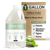 Terra Pure Hotel Body Wash bottle front shows inviting green tea scent for guest rooms.