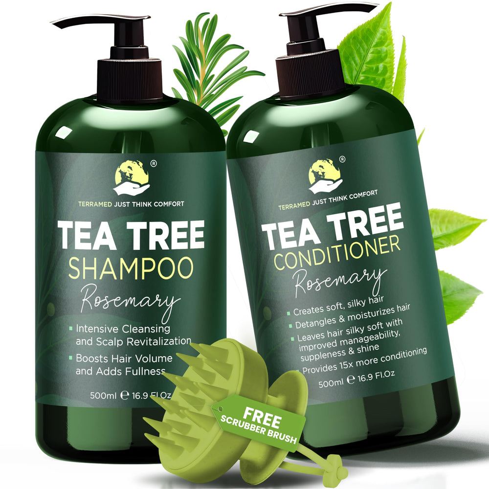 Terramed Rosemary Tea Tree Shampoo bottle with soothing scalp relief and shine.