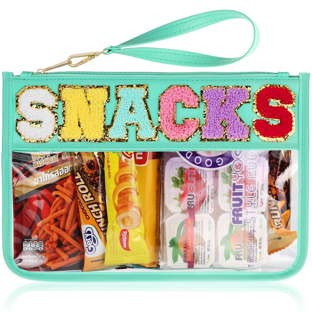 TESAFNG snack bag travel clear pouch with a golden chenille patch for stylish organization