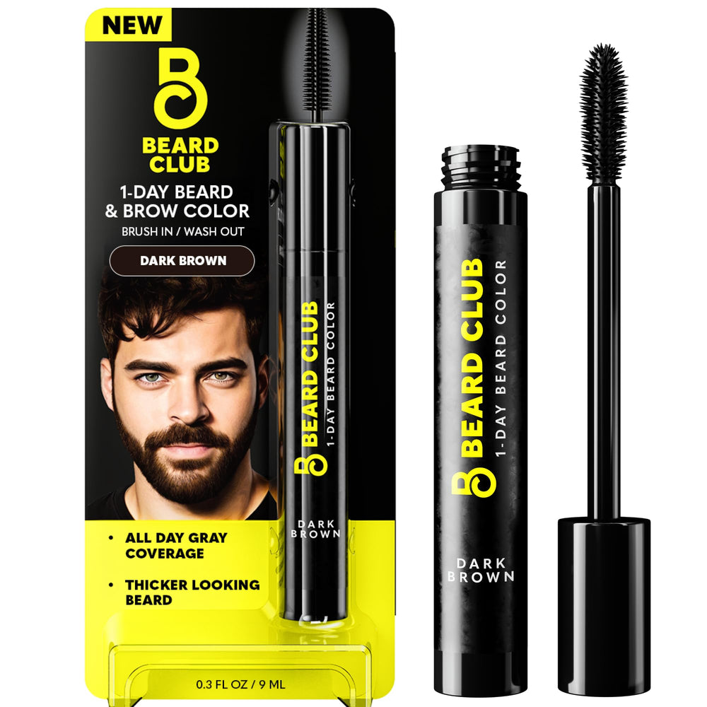 The Beard Club 1 Day Temporary Beard Dye bottle shows dark brown color for quick touch-ups