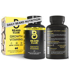 The Beard Club Biotin Beard Growth Vitamins bottle showcases the daily beard support formula