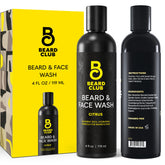 The Beard Club Citrus Beard Face Wash bottle demonstrates an all-in-one cleanser.
