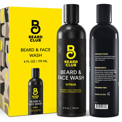 The Beard Club Citrus Beard Face Wash bottle demonstrates an all-in-one cleanser.