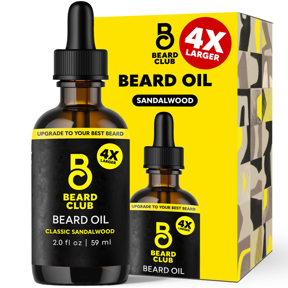 The Beard Club Classic Sandalwood beard oil bottle for hydration.