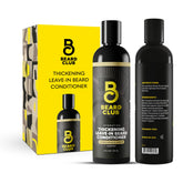 The Beard Club thickening leave-in conditioner bottle pouring for daily beard hydration.