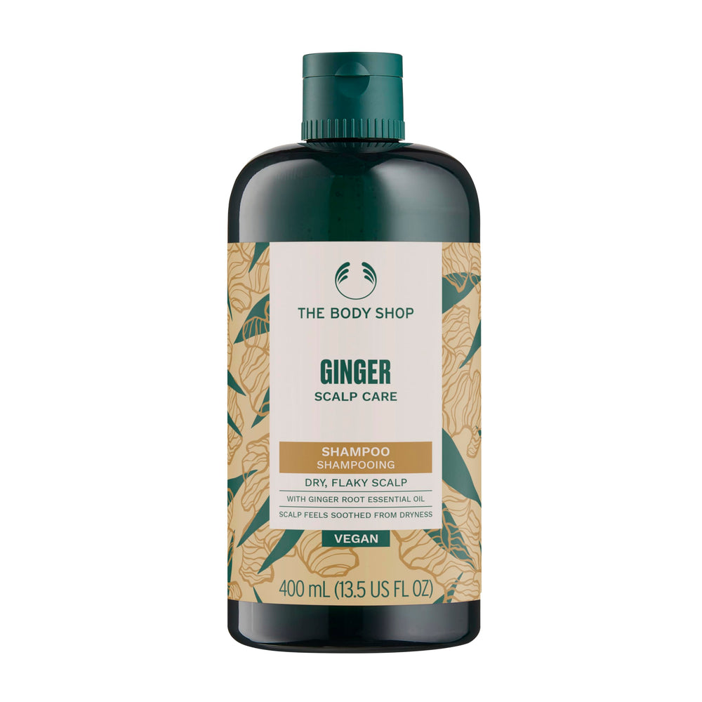 The Body Shop Champú Jengibre: botella visible para cuero cabelludo seco y calmado.