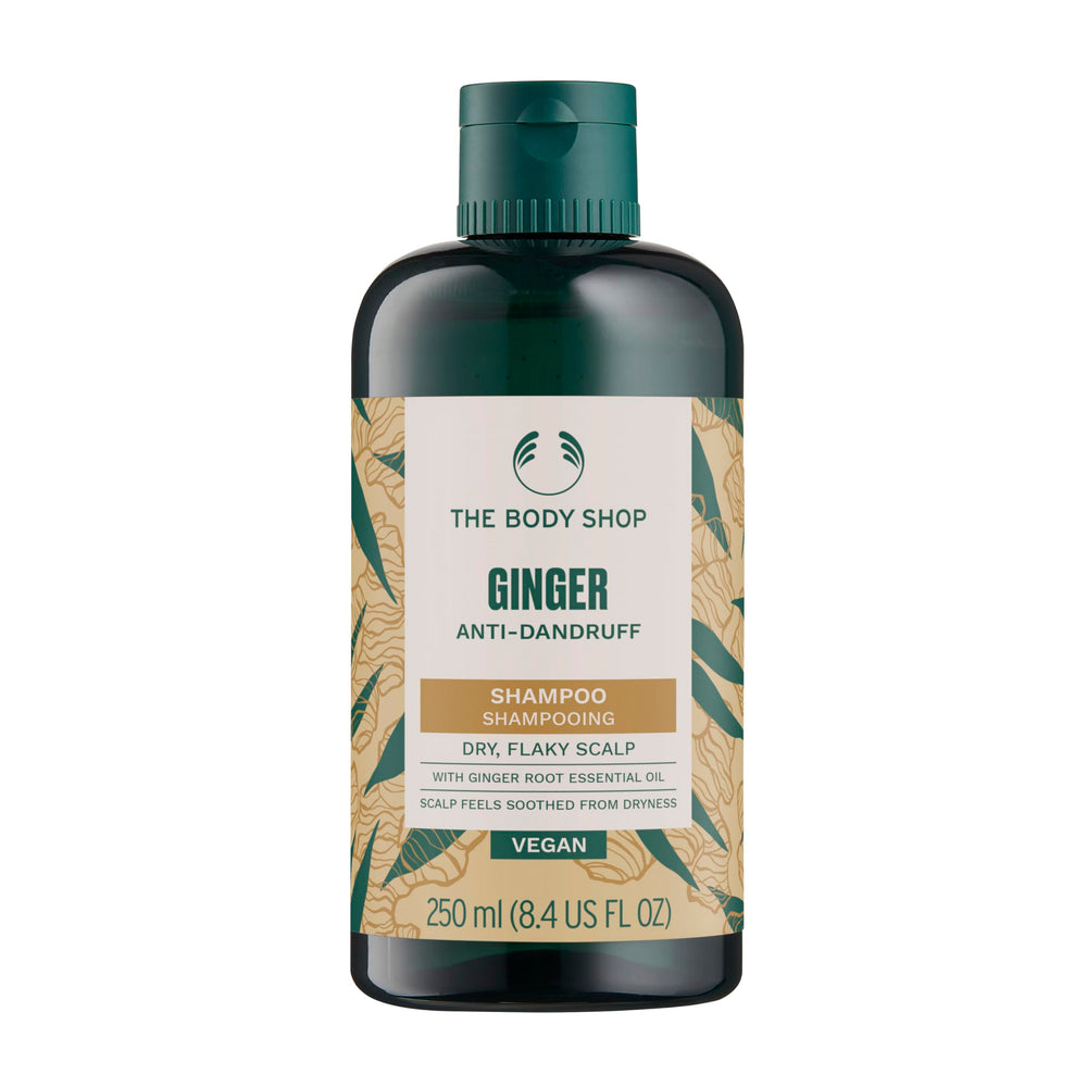 The Body Shop Ginger Scalp Care Shampoo, botella con aroma a jengibre para cuero cabelludo suave.