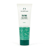 The Body Shop exfoliante de árbol de té: botella en primer plano para piel limpia.